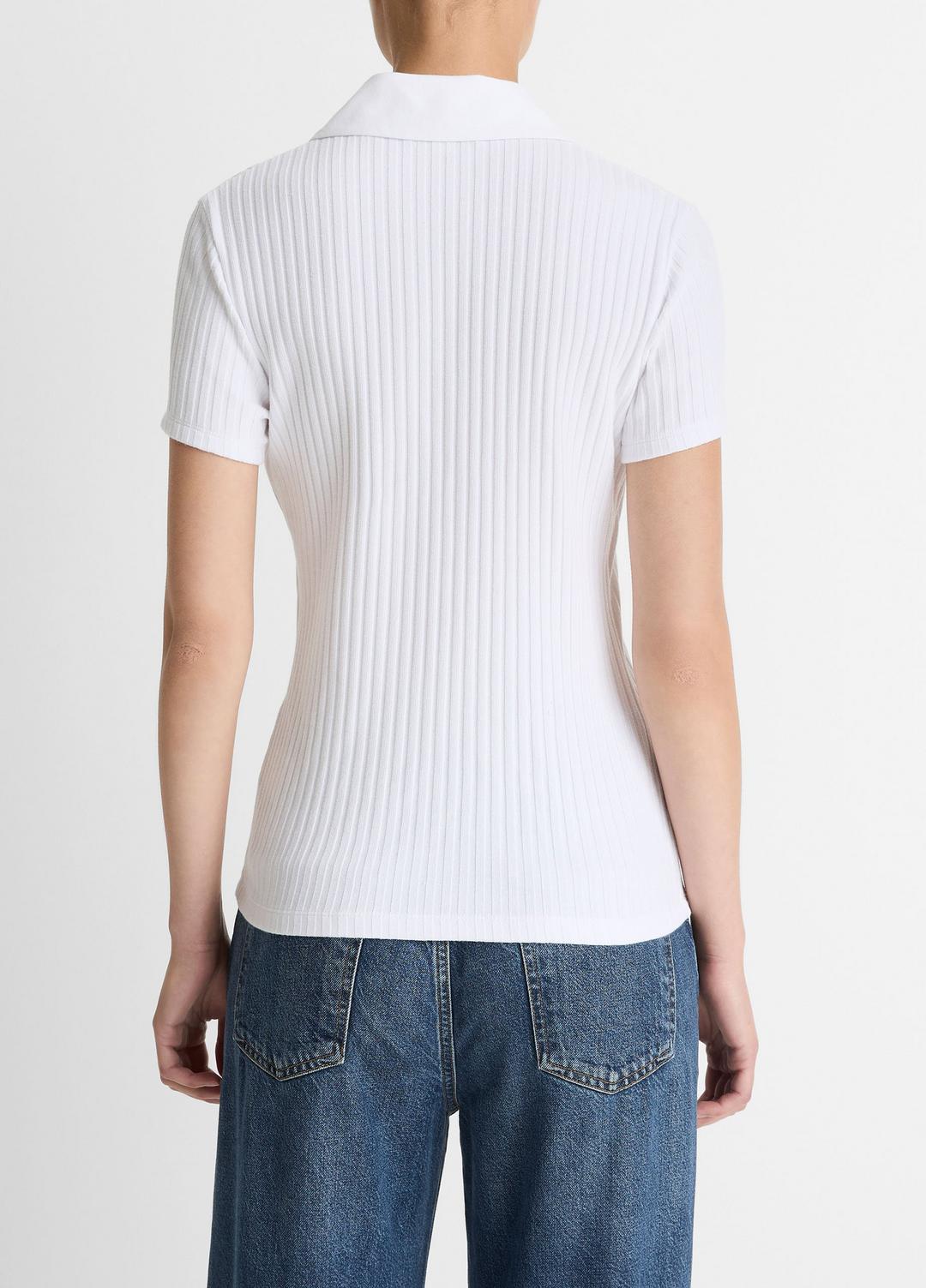 VINCE Women Ribbed Cotton-Blend Polo Shirt in Short Sleeve OPTIC WHITE
