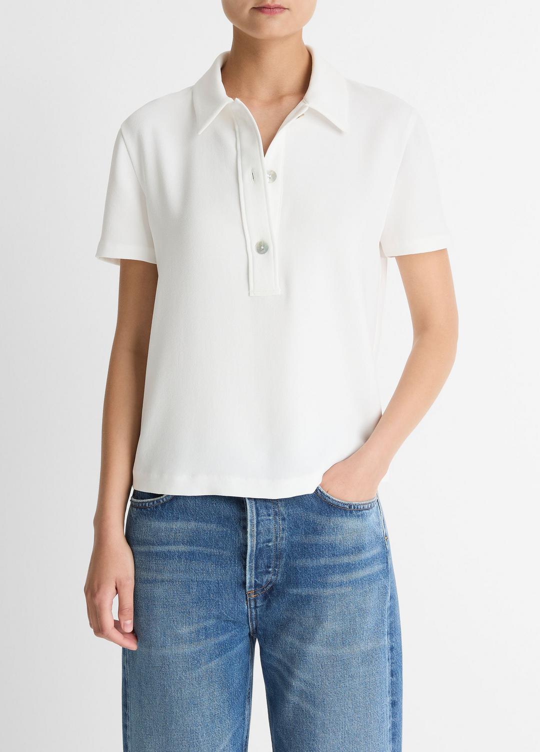 VINCE Women Crepe Polo Shirt in Short Sleeve OFF WHITE