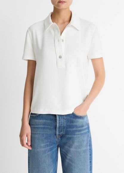 VINCE Women Crepe Polo Shirt in Short Sleeve OFF WHITE