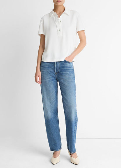 VINCE Women Crepe Polo Shirt in Short Sleeve OFF WHITE