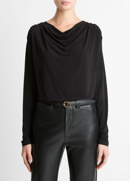 VINCE Women Matte Jersey Cowl-Neck Top in Long Sleeve BLACK