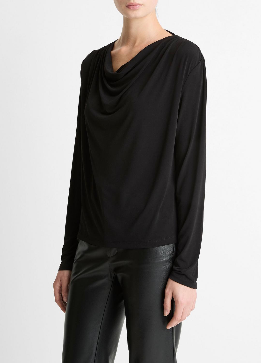 VINCE Women Matte Jersey Cowl-Neck Top in Long Sleeve BLACK