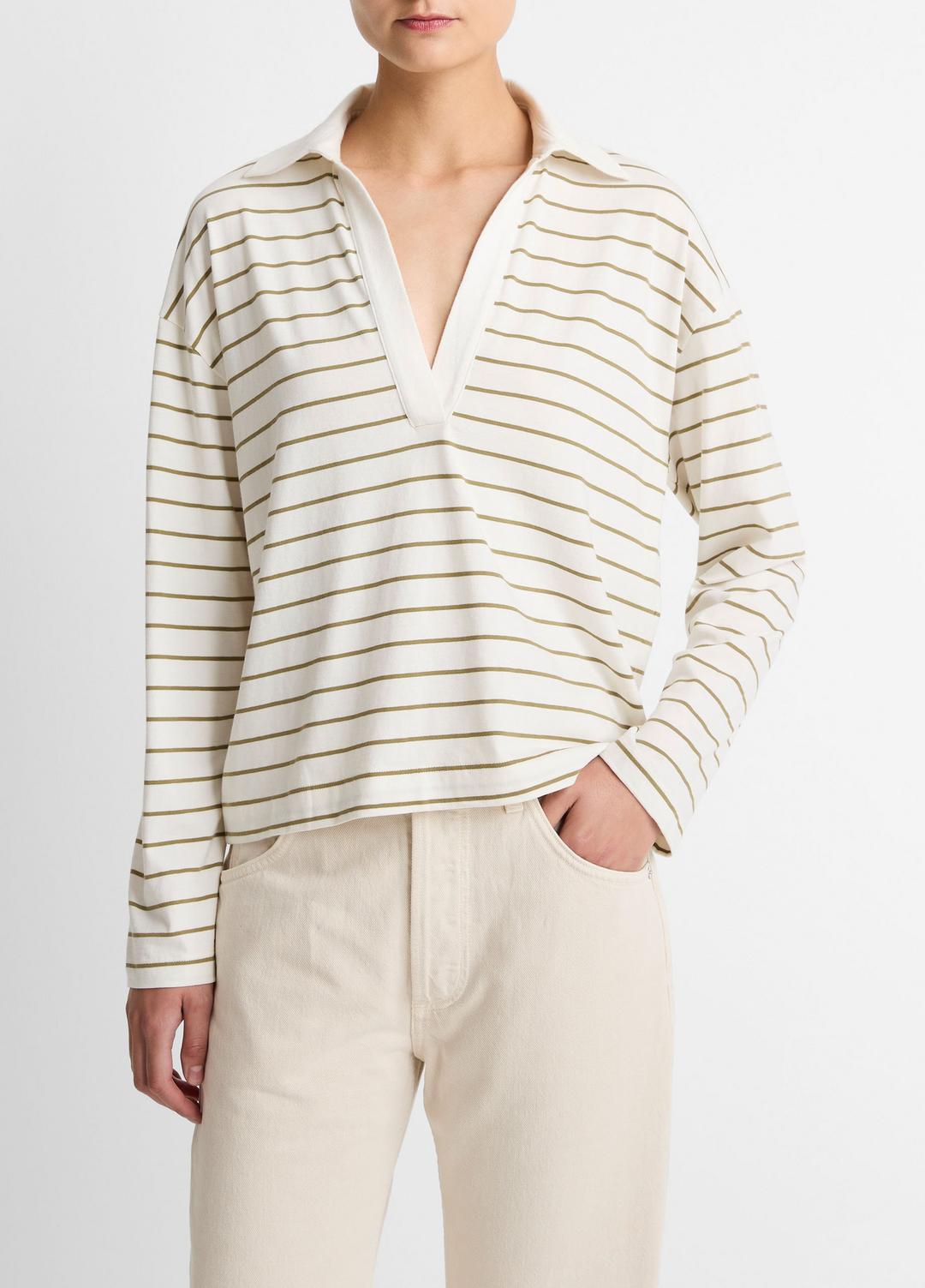 VINCE Women Striped Cotton Long-Sleeve Polo Shirt in Long Sleeve OLIVE STONE COMBO