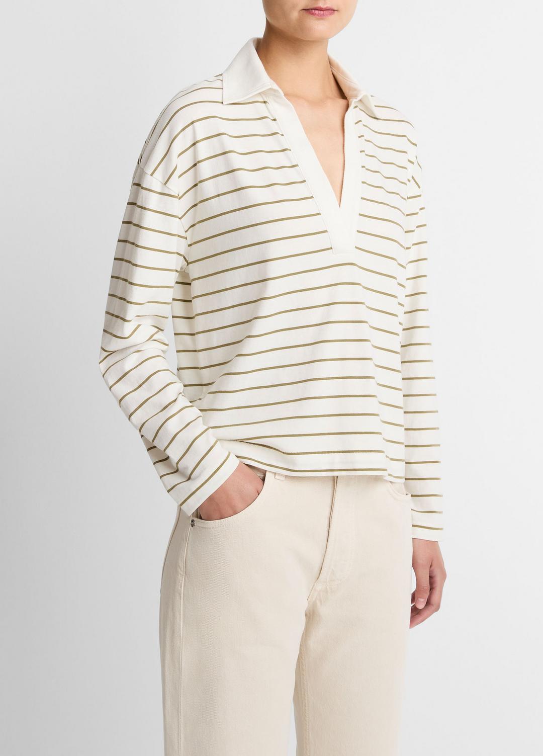 VINCE Women Striped Cotton Long-Sleeve Polo Shirt in Long Sleeve OLIVE STONE COMBO