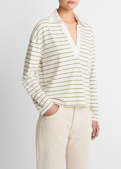 VINCE Women Striped Cotton Long-Sleeve Polo Shirt in Long Sleeve OLIVE STONE COMBO