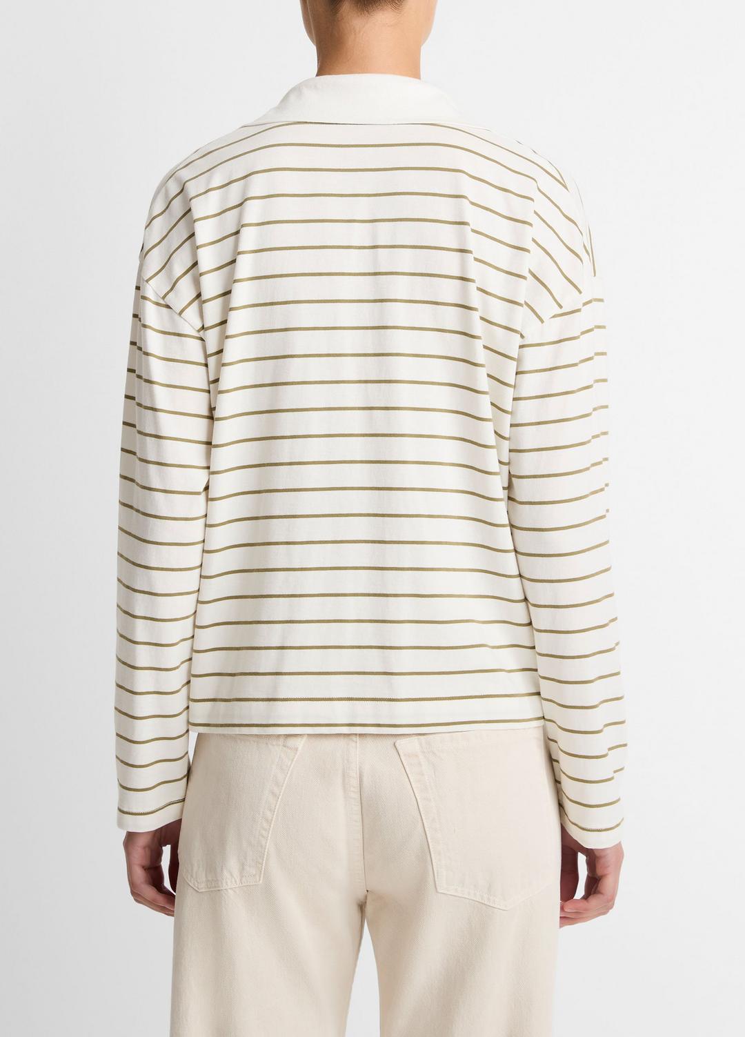 VINCE Women Striped Cotton Long-Sleeve Polo Shirt in Long Sleeve OLIVE STONE COMBO