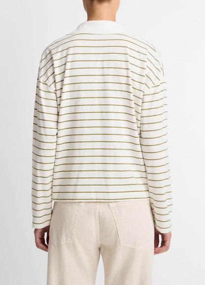 VINCE Women Striped Cotton Long-Sleeve Polo Shirt in Long Sleeve OLIVE STONE COMBO