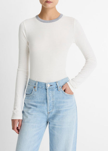 VINCE Women Tipped Heathered Pima Cotton-Blend Long-Sleeve T-Shirt in Long Sleeve OFF WHITE COMBO