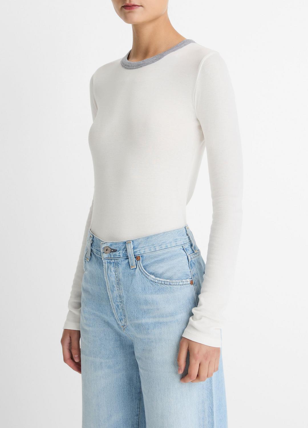 VINCE Women Tipped Heathered Pima Cotton-Blend Long-Sleeve T-Shirt in Long Sleeve OFF WHITE COMBO