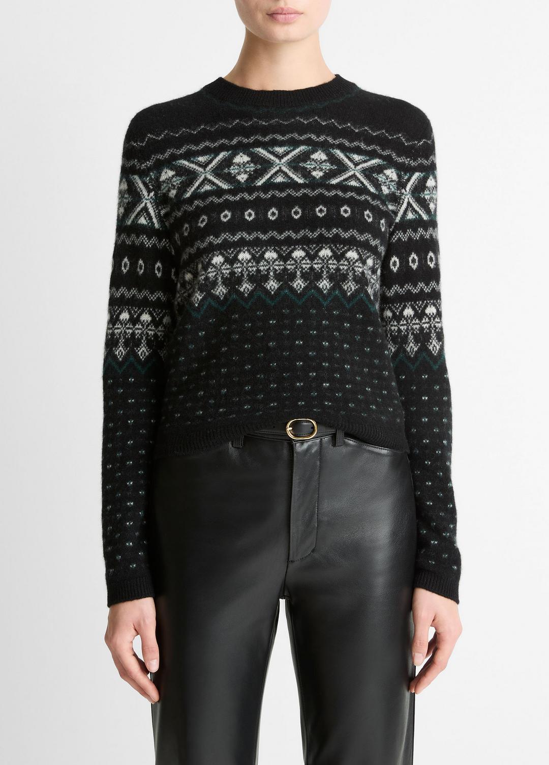 VINCE Women Fair Isle Plush Cashmere Sweater in Crew Neck BLACK/WHITE COMBO