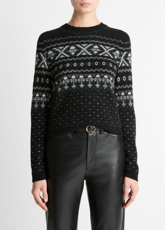 VINCE Women Fair Isle Plush Cashmere Sweater in Crew Neck BLACK/WHITE COMBO