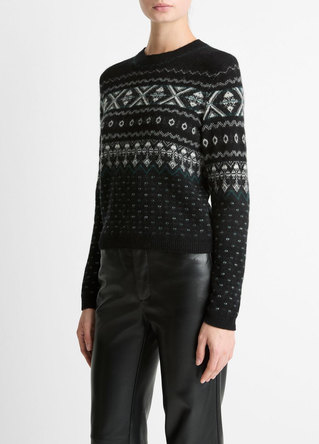 VINCE Women Fair Isle Plush Cashmere Sweater in Crew Neck BLACK/WHITE COMBO