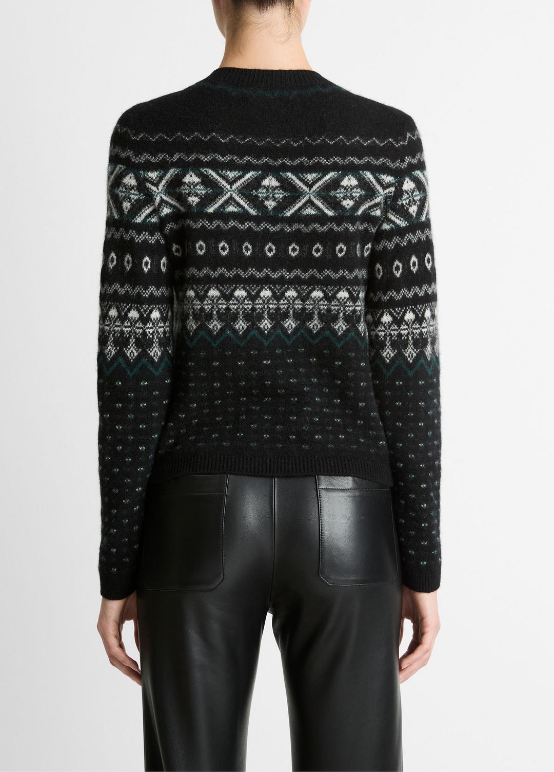 VINCE Women Fair Isle Plush Cashmere Sweater in Crew Neck BLACK/WHITE COMBO