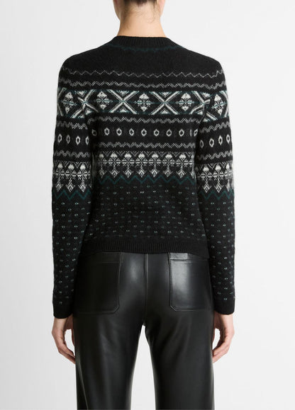 VINCE Women Fair Isle Plush Cashmere Sweater in Crew Neck BLACK/WHITE COMBO