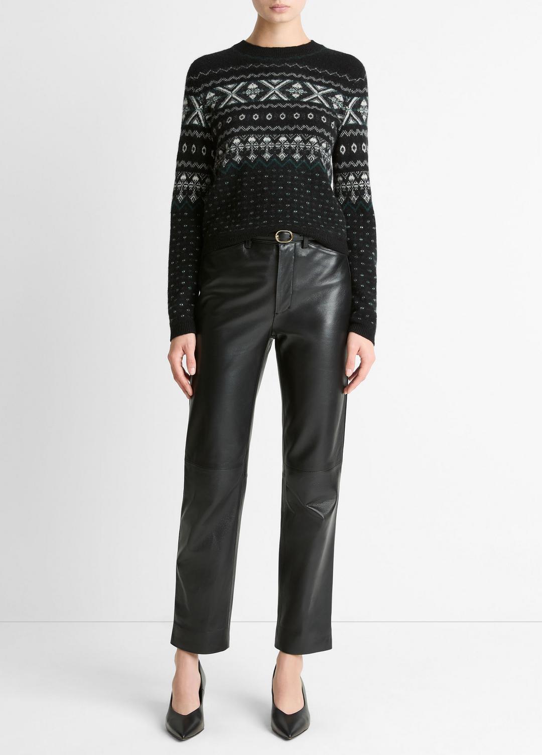 VINCE Women Fair Isle Plush Cashmere Sweater in Crew Neck BLACK/WHITE COMBO