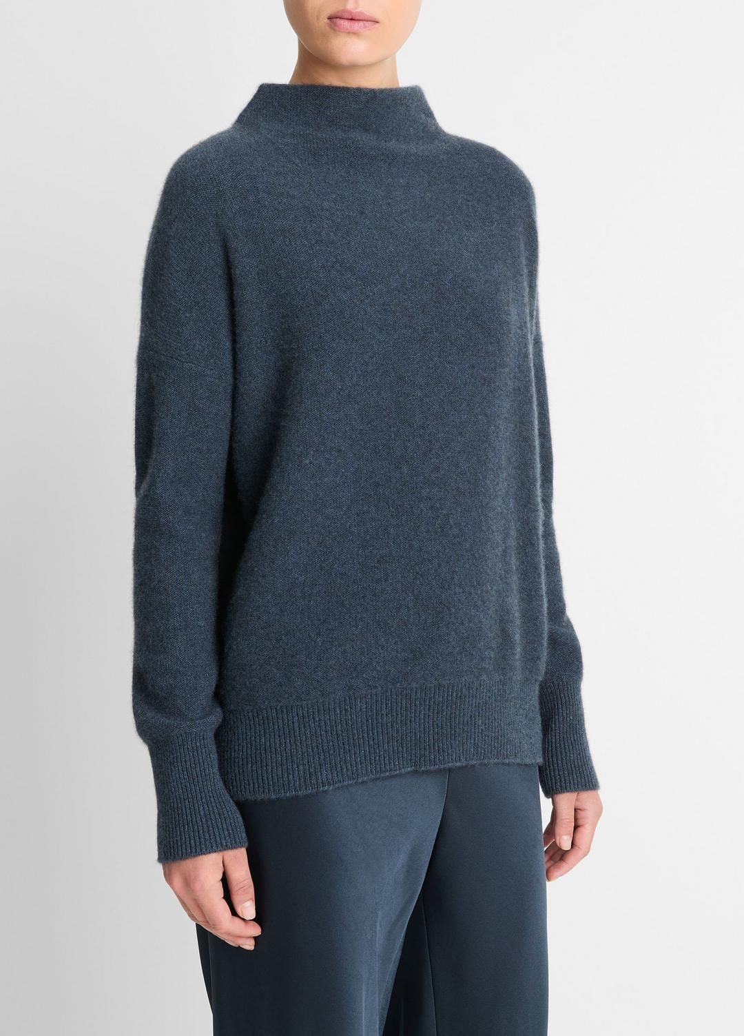VINCE Women Plush Cashmere Funnel-Neck Sweater in Turtleneck HEATHER TIDE STONE