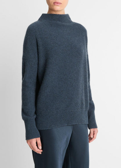 VINCE Women Plush Cashmere Funnel-Neck Sweater in Turtleneck HEATHER TIDE STONE