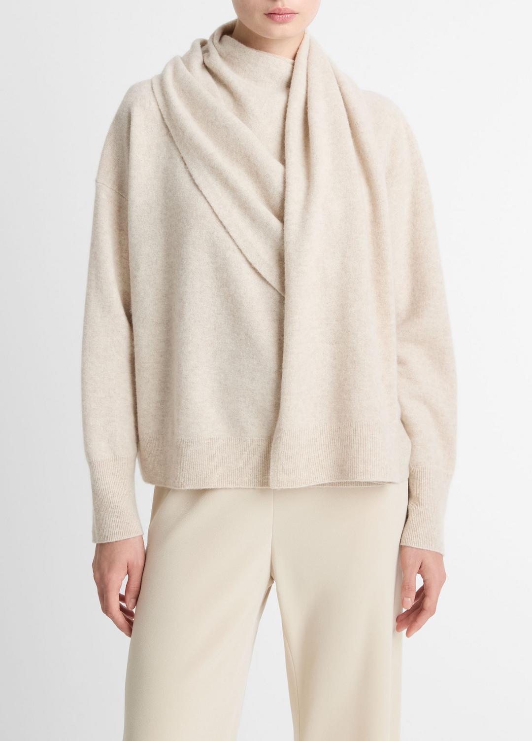 VINCE Women Draped-Shawl Wool-Cashmere Sweater in Turtleneck HEATHER DOVE OAT