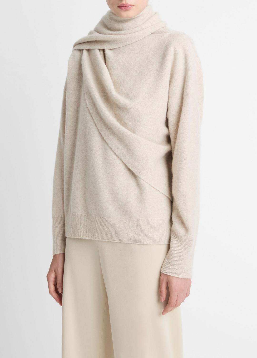 VINCE Women Draped-Shawl Wool-Cashmere Sweater in Turtleneck HEATHER DOVE OAT