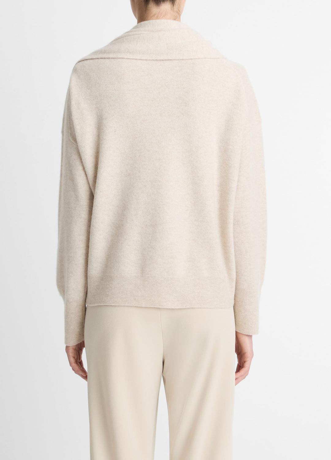 VINCE Women Draped-Shawl Wool-Cashmere Sweater in Turtleneck HEATHER DOVE OAT
