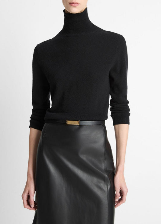 VINCE Women Cashmere-Silk Three-Quarter-Sleeve Mock-Neck Sweater in Turtleneck BLACK
