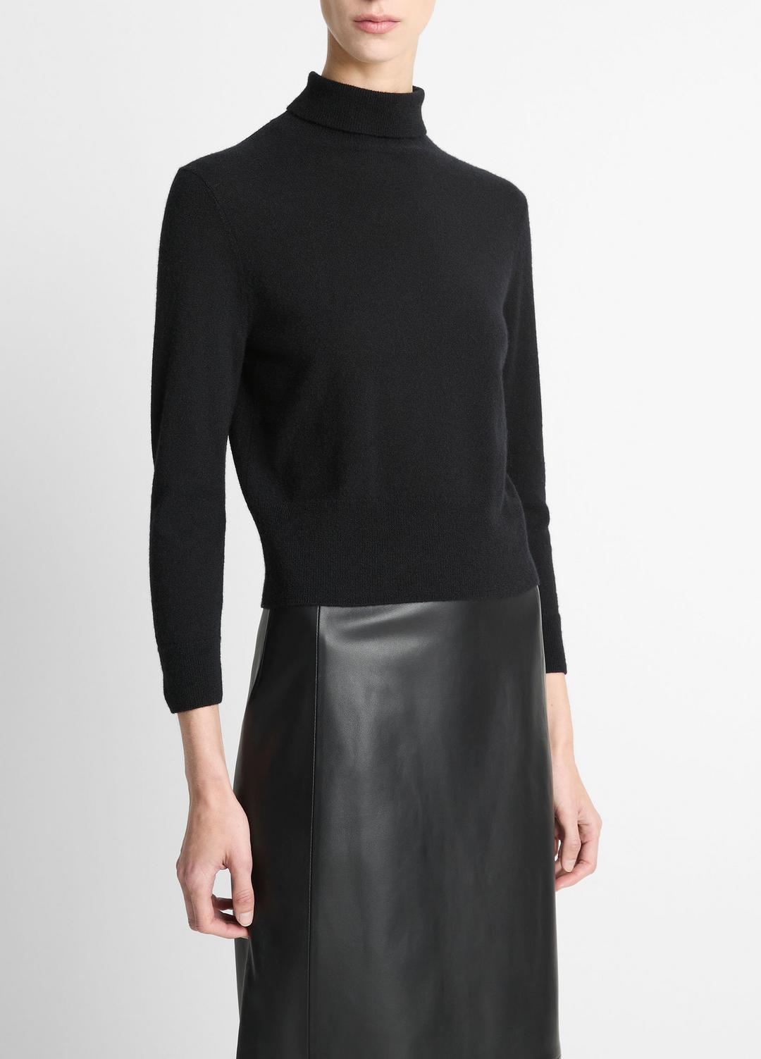 VINCE Women Cashmere-Silk Three-Quarter-Sleeve Mock-Neck Sweater in Turtleneck BLACK