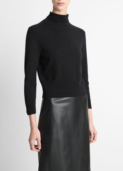 VINCE Women Cashmere-Silk Three-Quarter-Sleeve Mock-Neck Sweater in Turtleneck BLACK