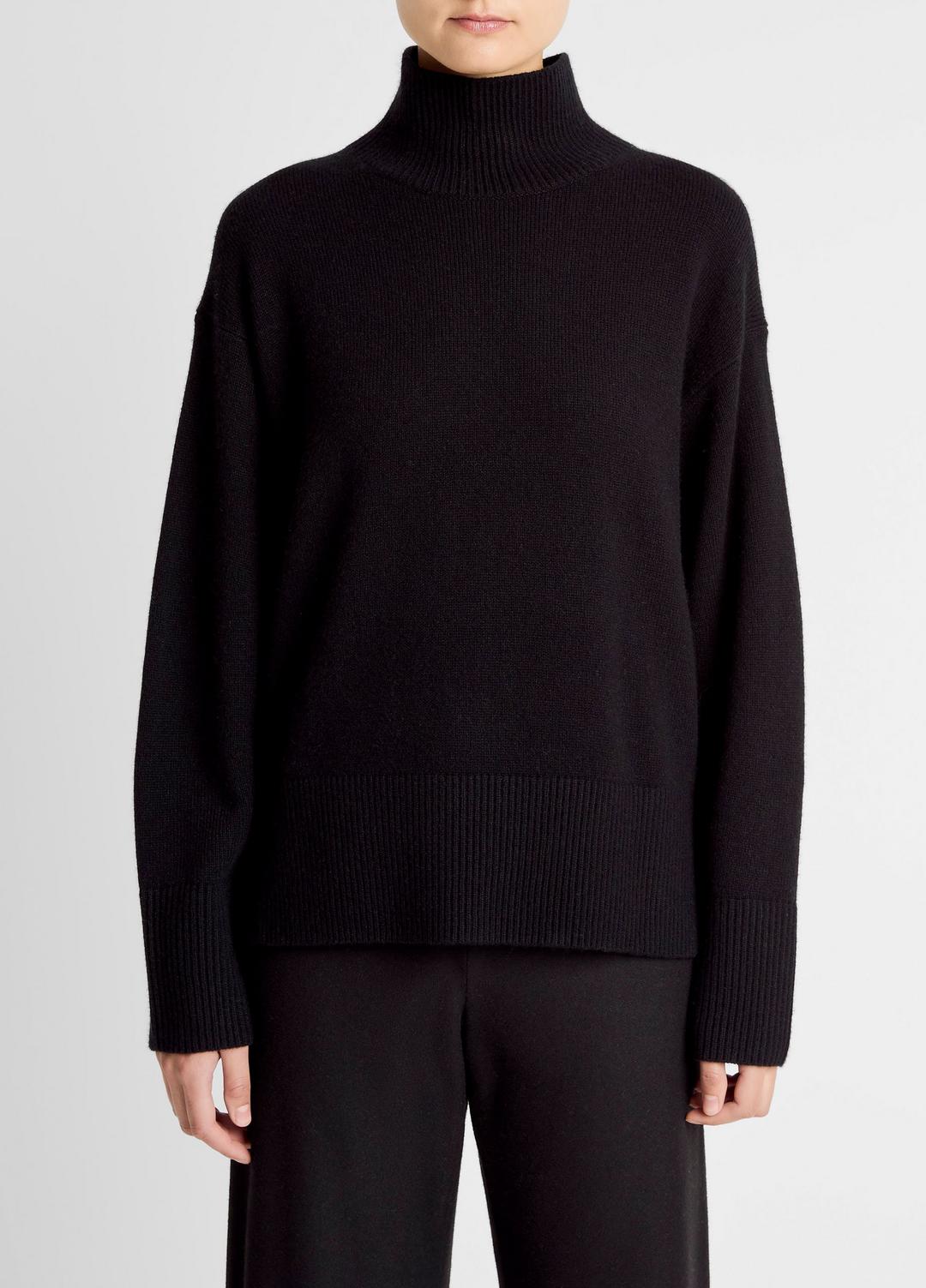 VINCE Women Wool-Cashmere Side-Slit Turtleneck Sweater in Turtleneck BLACK