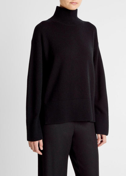 VINCE Women Wool-Cashmere Side-Slit Turtleneck Sweater in Turtleneck BLACK