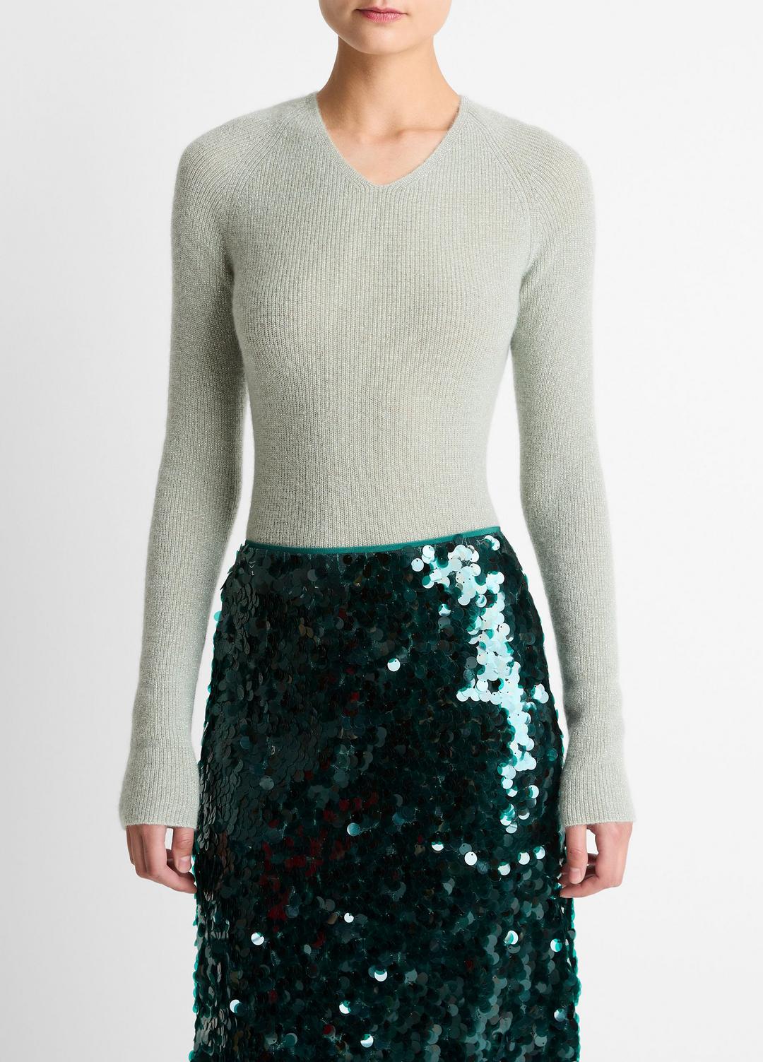 VINCE Women Metallic Ribbed High V-Neck Sweater in V-Neck LIGHT ALOE STONE METALLIC
