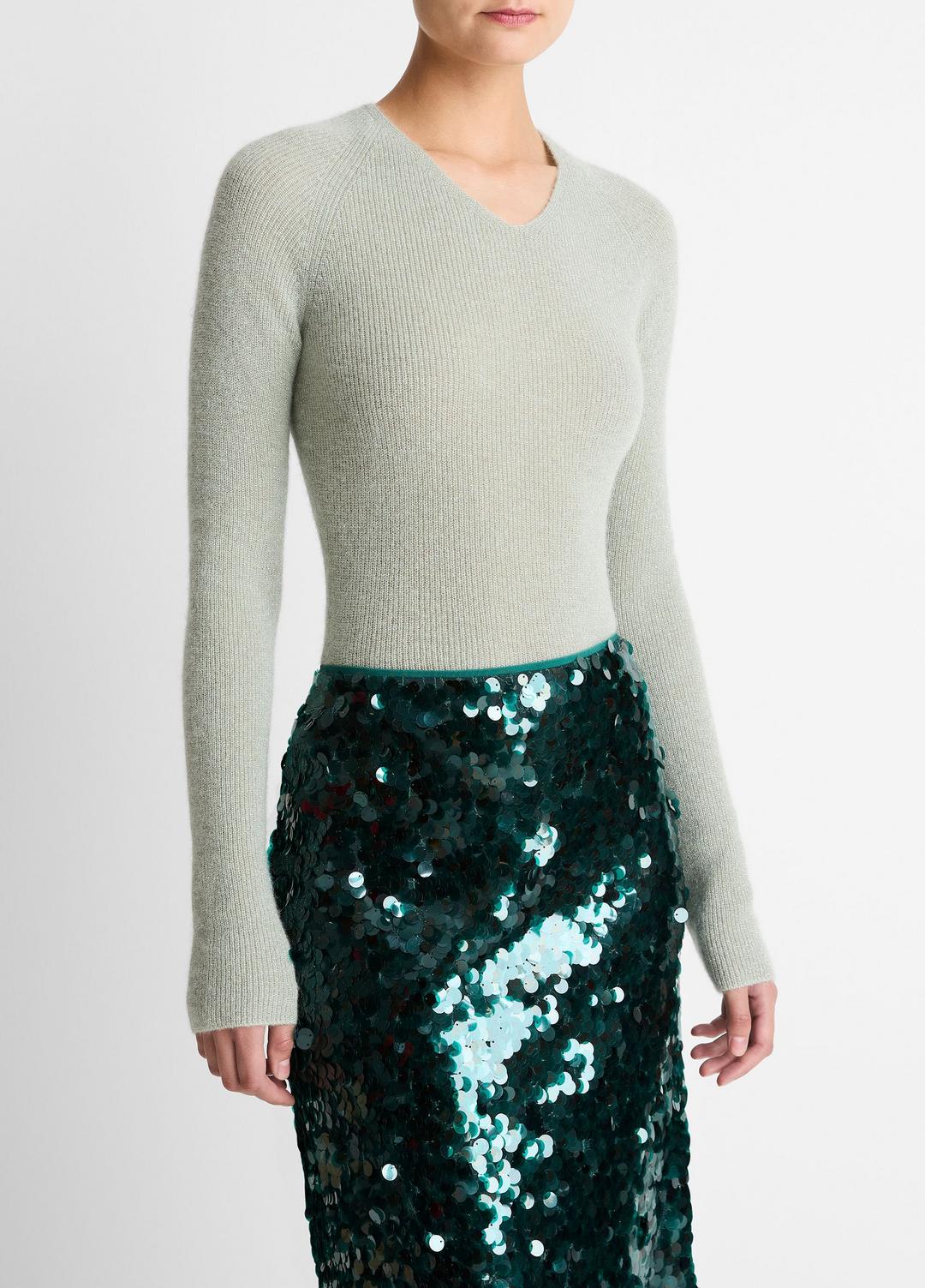 VINCE Women Metallic Ribbed High V-Neck Sweater in V-Neck LIGHT ALOE STONE METALLIC