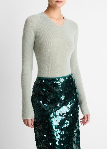 VINCE Women Metallic Ribbed High V-Neck Sweater in V-Neck LIGHT ALOE STONE METALLIC