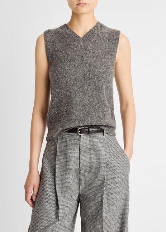 VINCE Women Donegal Plush Cashmere Sweater Vest in V-Neck MEDIUM HEATHER GREY DONEGAL