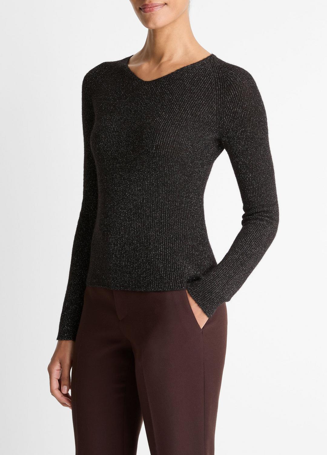 VINCE Women Metallic Ribbed High V-Neck Sweater in V-Neck BLACK METALLIC