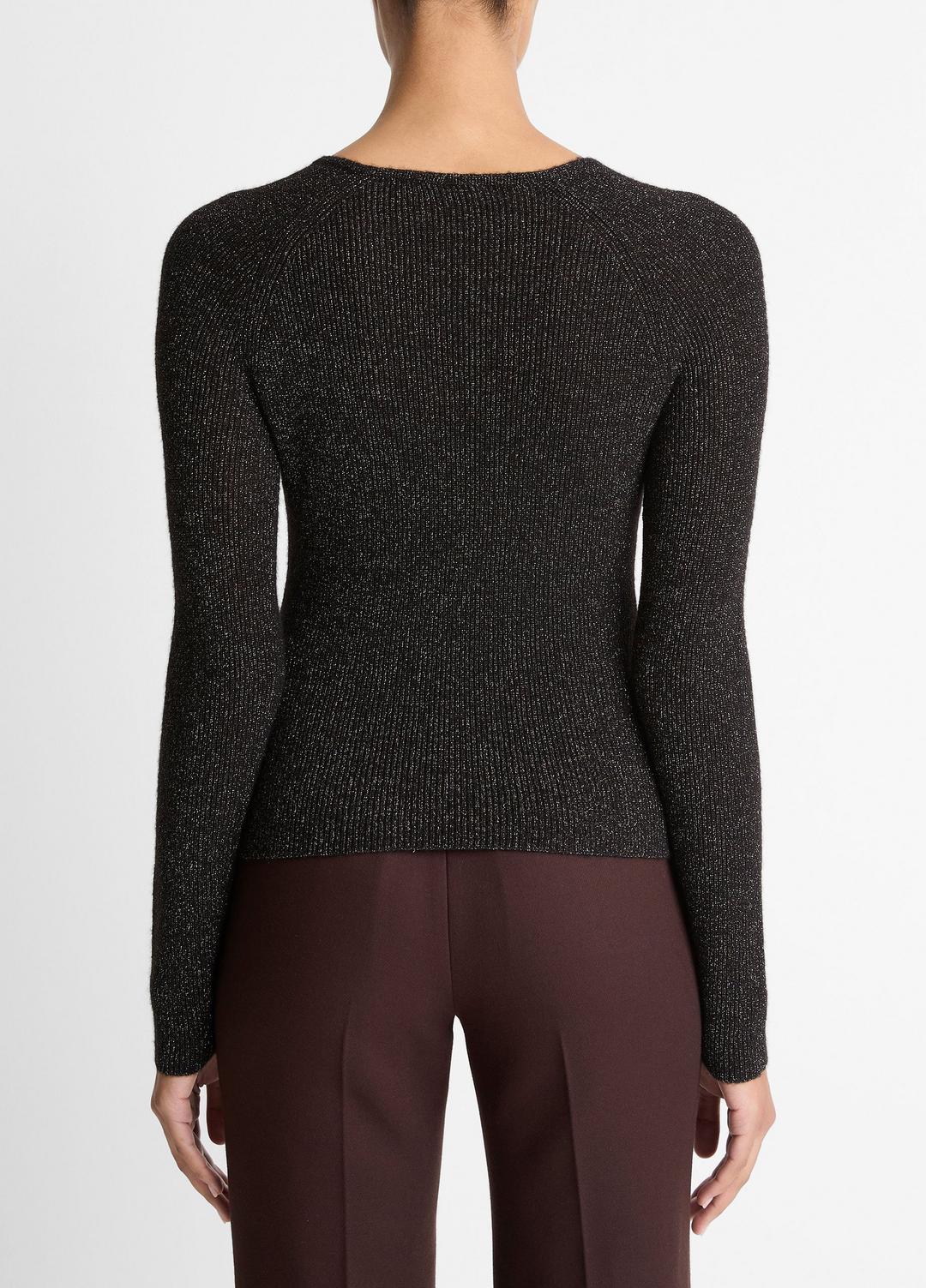 VINCE Women Metallic Ribbed High V-Neck Sweater in V-Neck BLACK METALLIC
