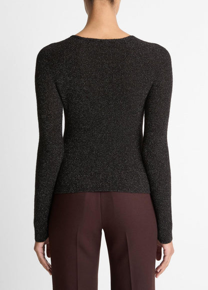 VINCE Women Metallic Ribbed High V-Neck Sweater in V-Neck BLACK METALLIC