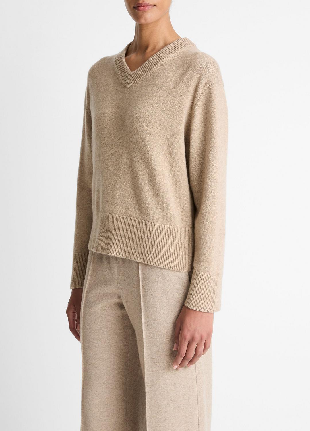 VINCE Women Wool-Cashmere V-Neck Sweater in V-Neck HEATHER MARZIPAN