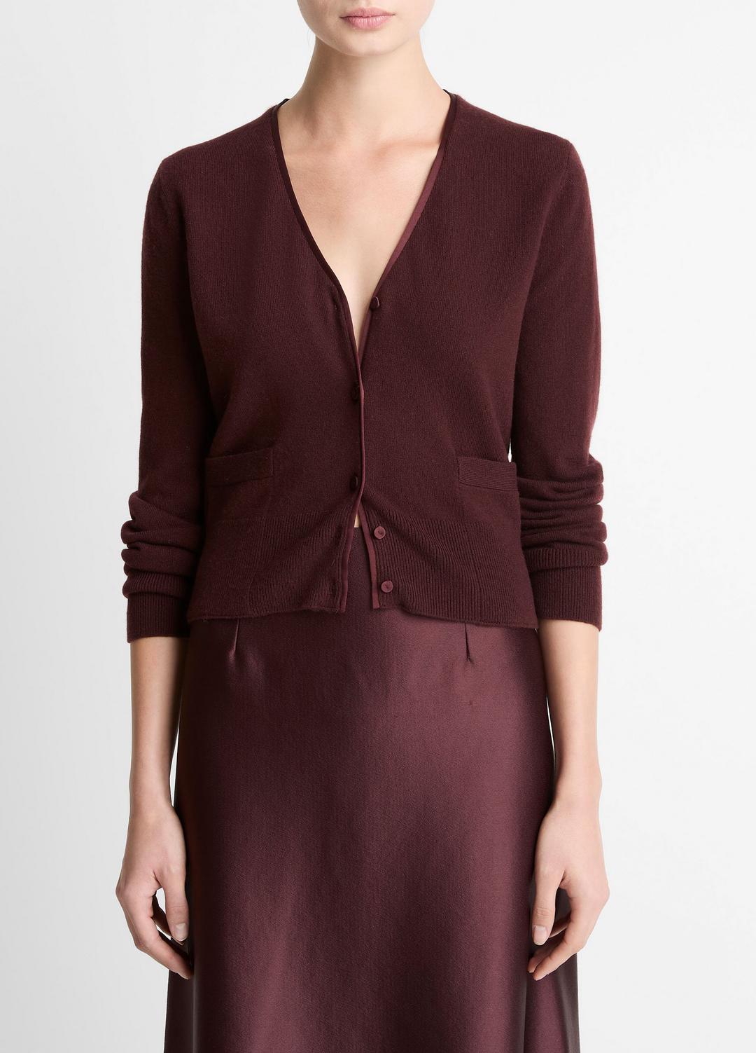 VINCE Women Satin-Trim Wool & Cashmere-Blend Cardigan in Cardigans OXBLOOD