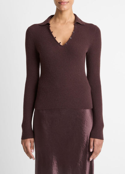 VINCE Women Ribbed Cashmere-Silk Polo Sweater in Cashmere FIG