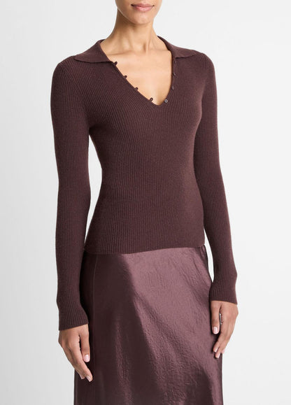 VINCE Women Ribbed Cashmere-Silk Polo Sweater in Cashmere FIG