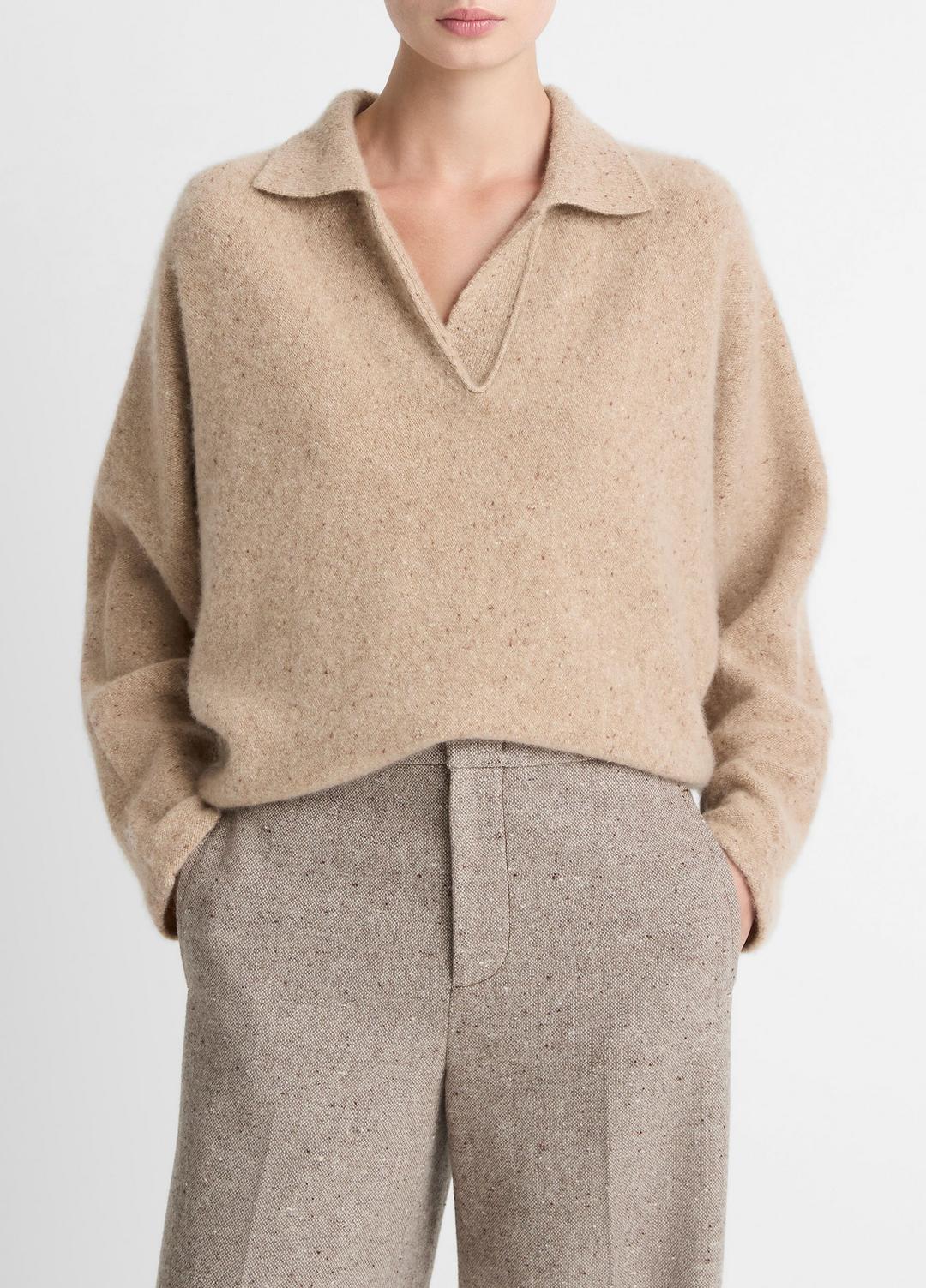 VINCE Women Donegal Plush Cashmere Dolman-Sleeve Polo Sweater in Cashmere HEATHER OAT DONEGAL