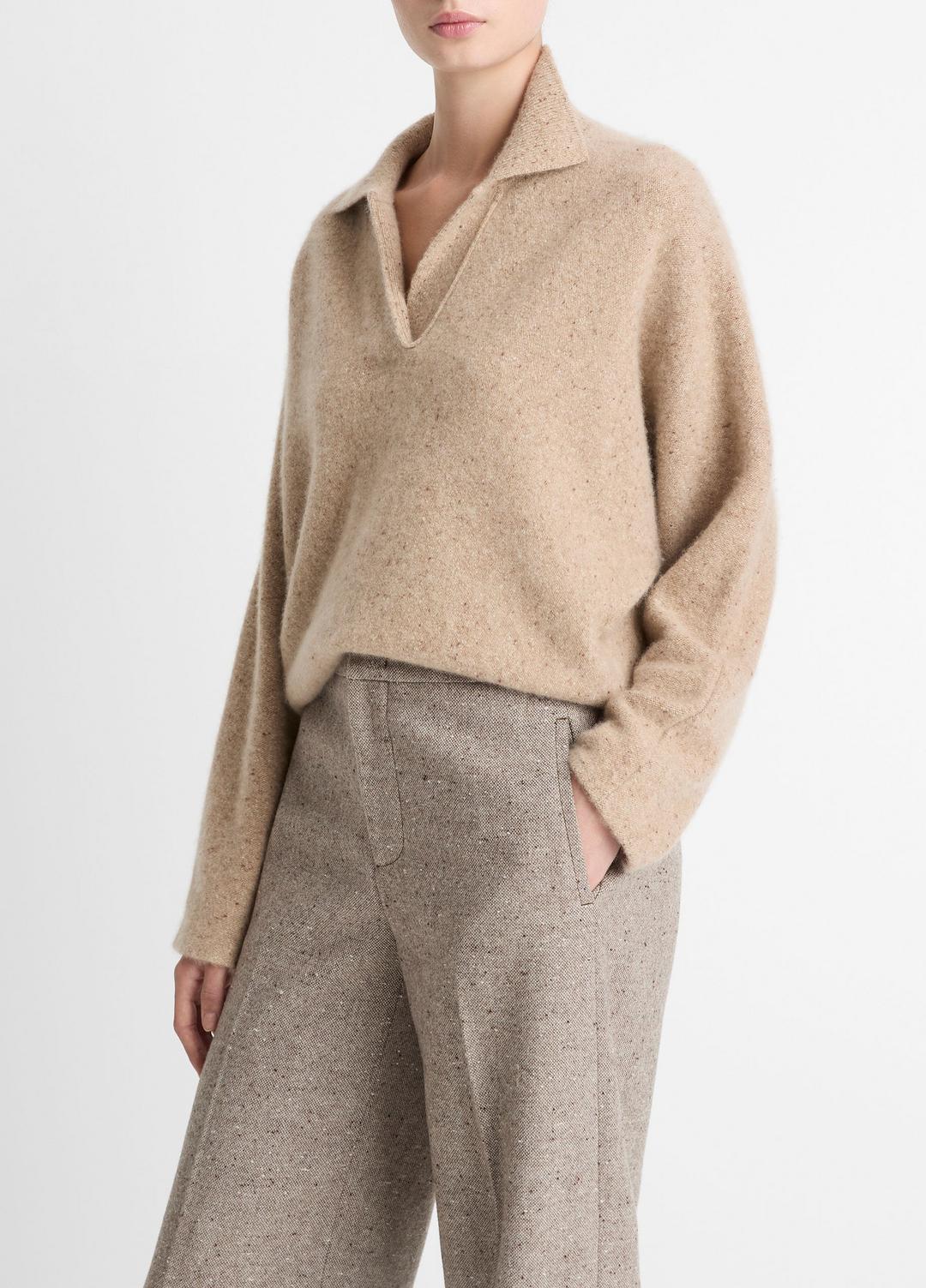 VINCE Women Donegal Plush Cashmere Dolman-Sleeve Polo Sweater in Cashmere HEATHER OAT DONEGAL