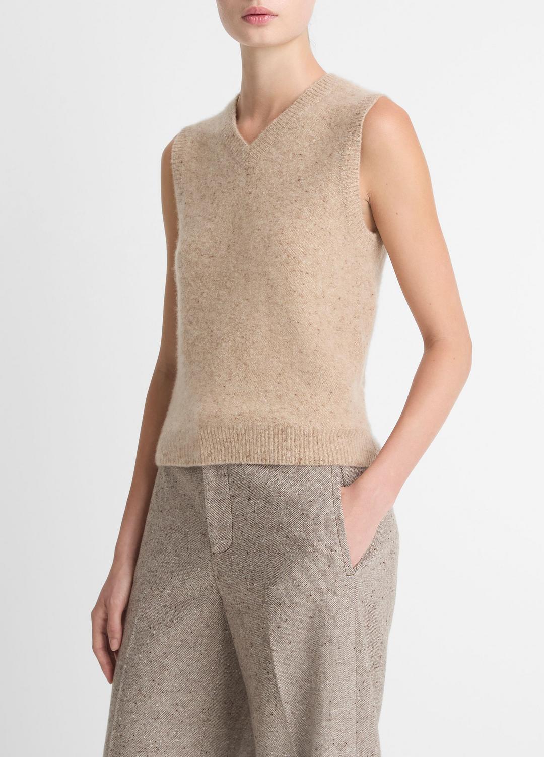 VINCE Women Donegal Plush Cashmere Sweater Vest in V-Neck HEATHER OAT DONEGAL