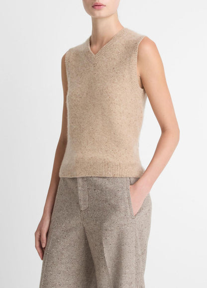 VINCE Women Donegal Plush Cashmere Sweater Vest in V-Neck HEATHER OAT DONEGAL