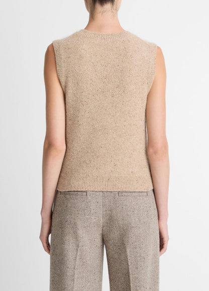 VINCE Women Donegal Plush Cashmere Sweater Vest in V-Neck HEATHER OAT DONEGAL