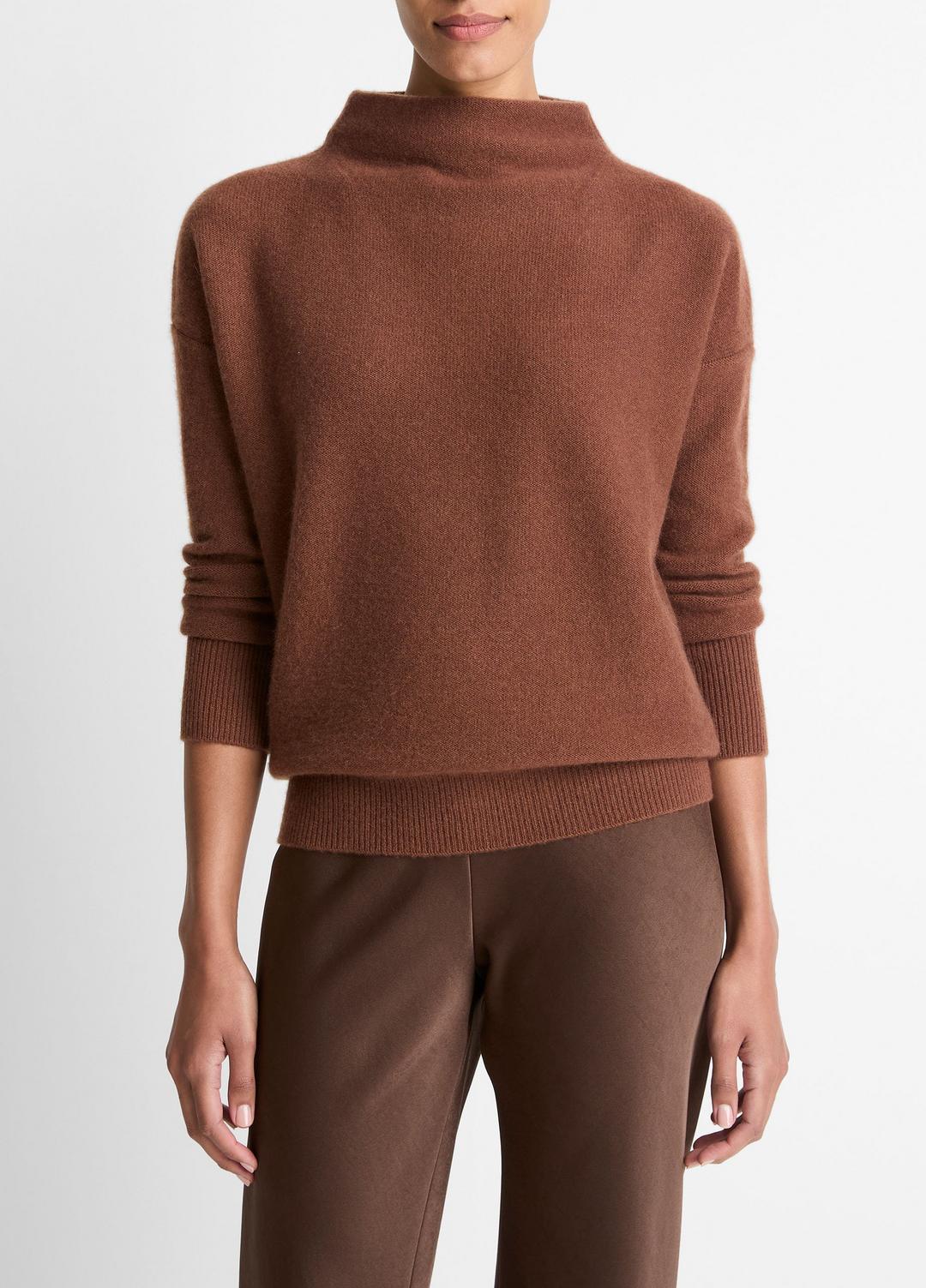 VINCE Women Plush Cashmere Funnel-Neck Sweater in Turtleneck CACAO