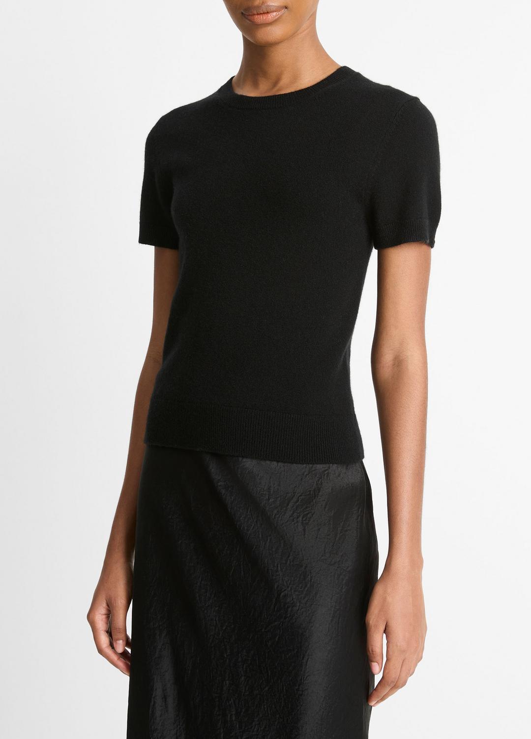 VINCE Women Wool & Cashmere-Blend Short-Sleeve Sweater in Crew Neck BLACK