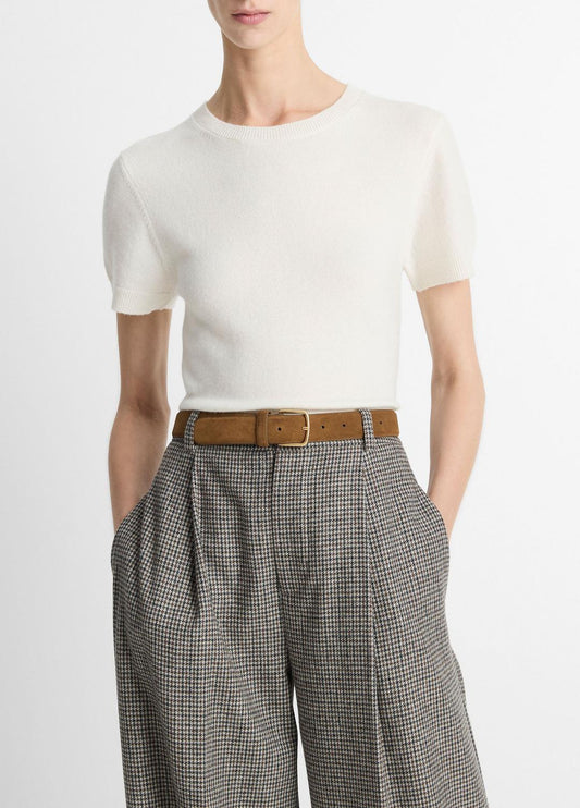 VINCE Women Wool & Cashmere-Blend Short-Sleeve Sweater in Crew Neck OFF WHITE