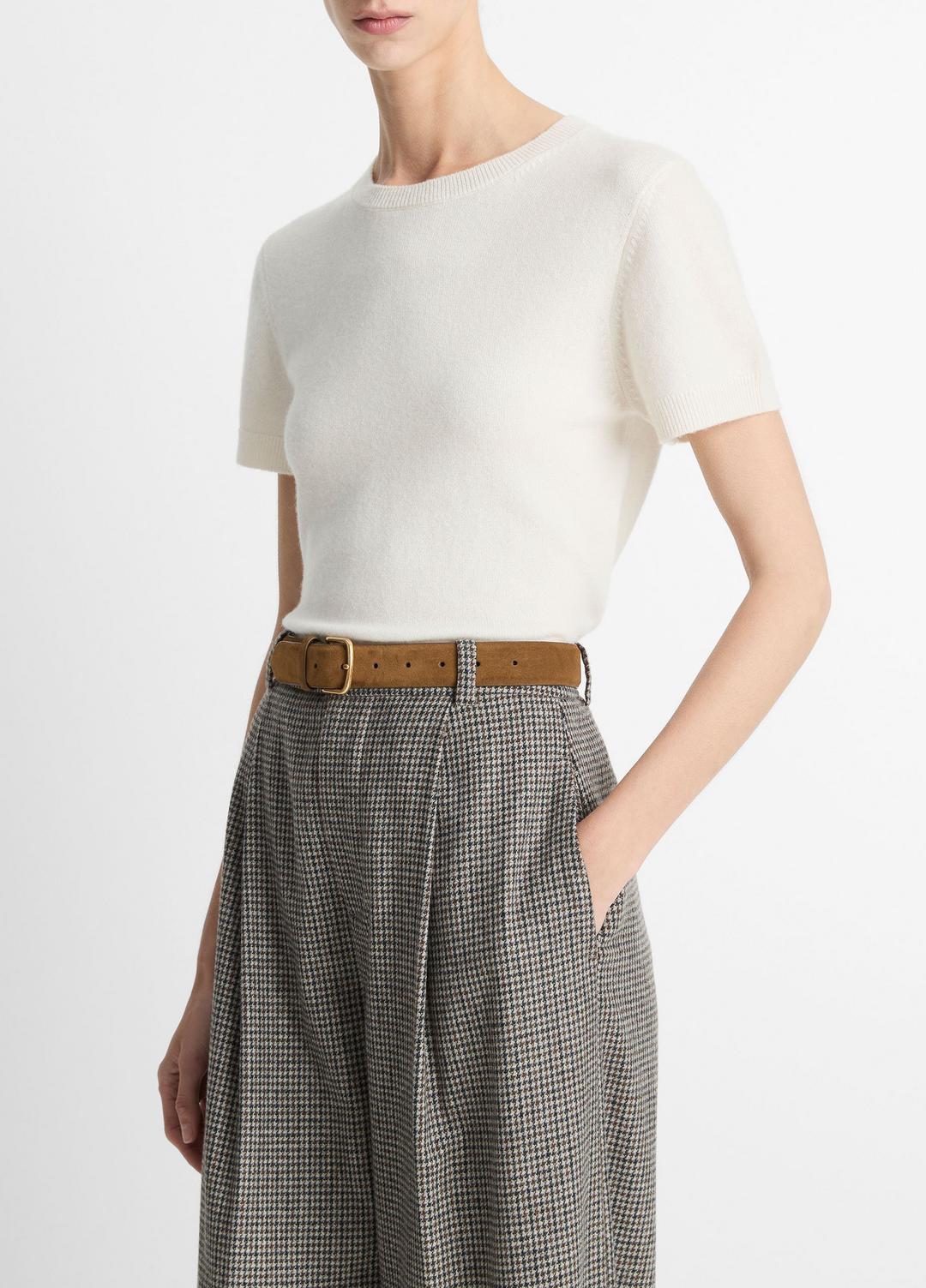 VINCE Women Wool & Cashmere-Blend Short-Sleeve Sweater in Crew Neck OFF WHITE