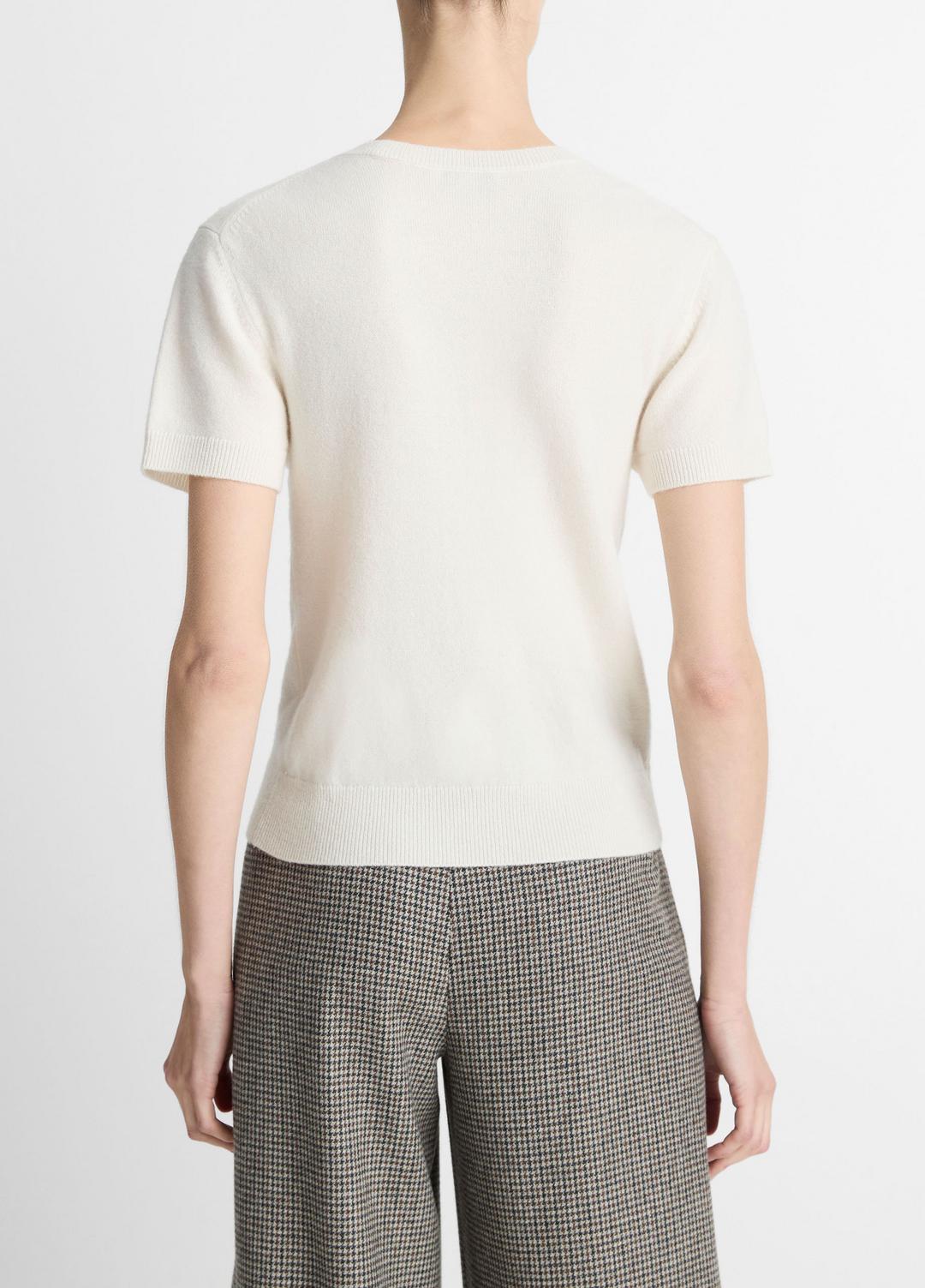 VINCE Women Wool & Cashmere-Blend Short-Sleeve Sweater in Crew Neck OFF WHITE